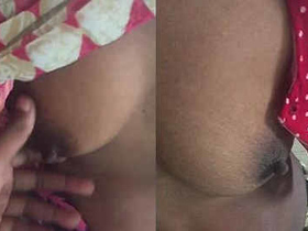 Desi Tamil aunty's boobs press her bf in bed